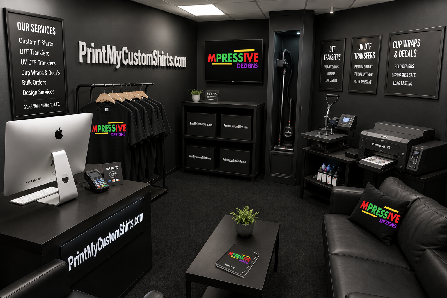 PrintMyCustomShirts.com custom printing showroom and production area